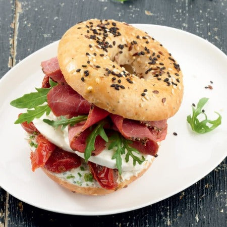 Pastrami & Fresh Cheese Bagel with Candied Tomatoes