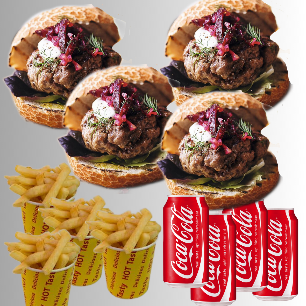 Family Deal 2 - Mediterranean Lamb Burgers (4), Hot Chips (4), Drinks (4)