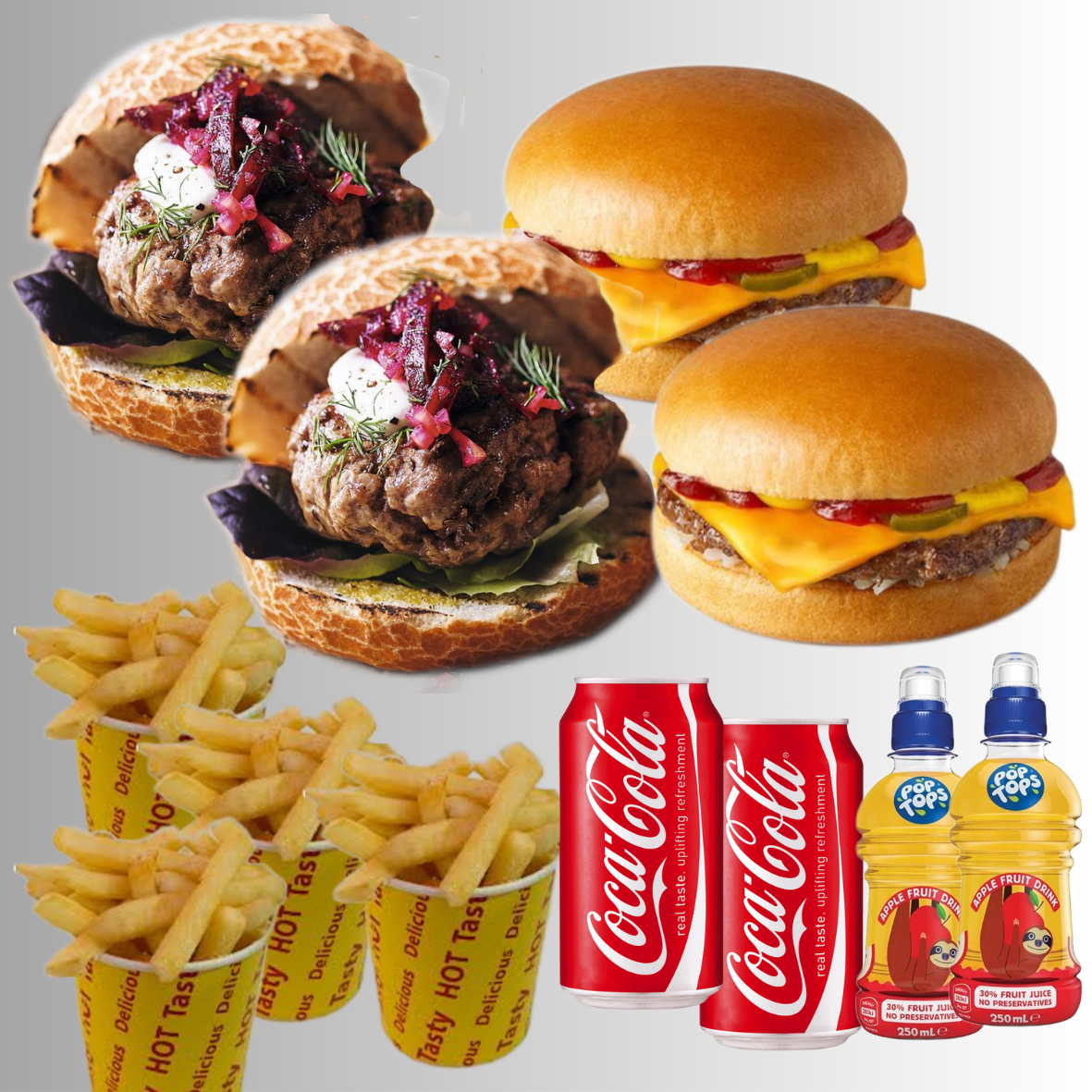 Family Deal 1 -  Mediterranean Lamb Burgers (2), Kids Burgers (2), Hot Chips (4), Drinks (4)