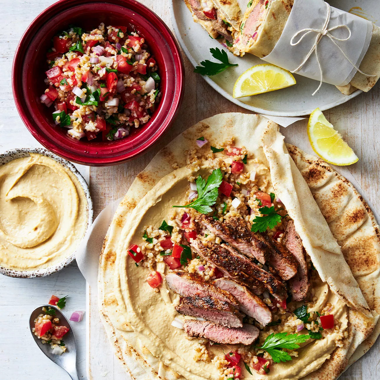 Spiced Harissa Lamb Wraps with Tabouli & Hommus Serves 50