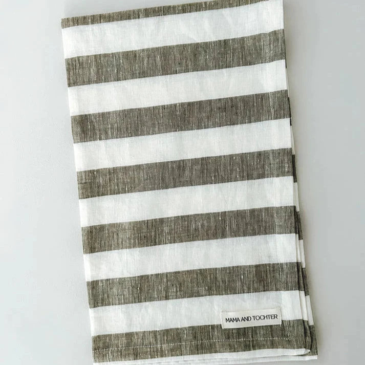 Mama and Tochter Pure French Linen Tea Towel Wide Olive Stripe