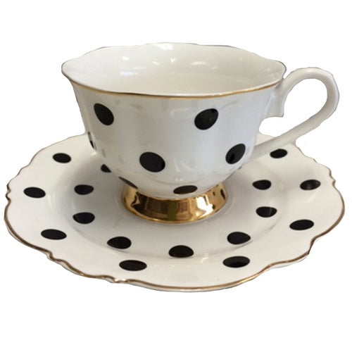 Blue Cadeaux Cup & Saucer Set - White/Black Spots